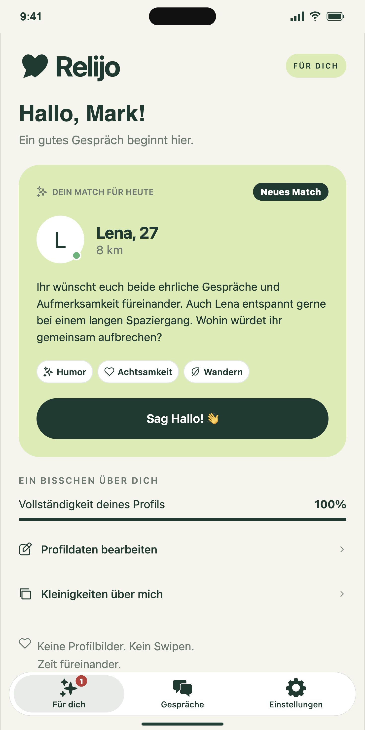 Die „Für dich“-Seite von Relijo mit dem heutigen Match