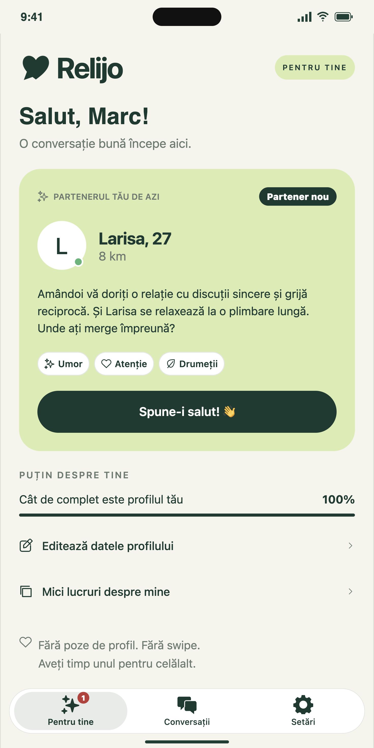 Pagina Pentru tine din Relijo, cu persoana prezentată azi
