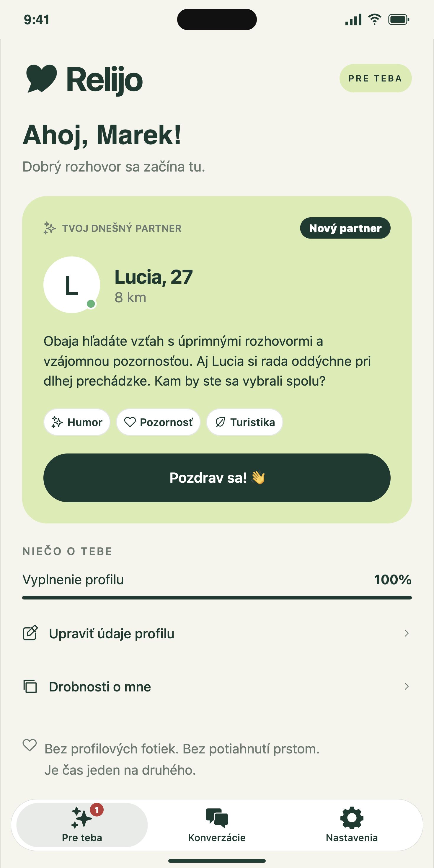 Obrazovka Pre teba v aplikácii Relijo s dnešným partnerom